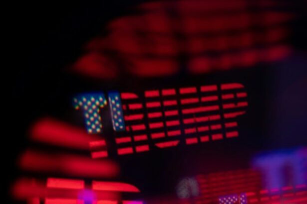 Red and blue abstract bokeh lights forming the word trump