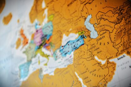 Close-up view of a vintage world map